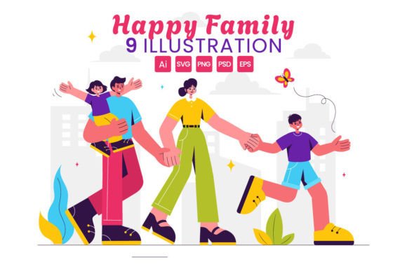 9 Happy Family Illustration: A Joyful Embroidery Design